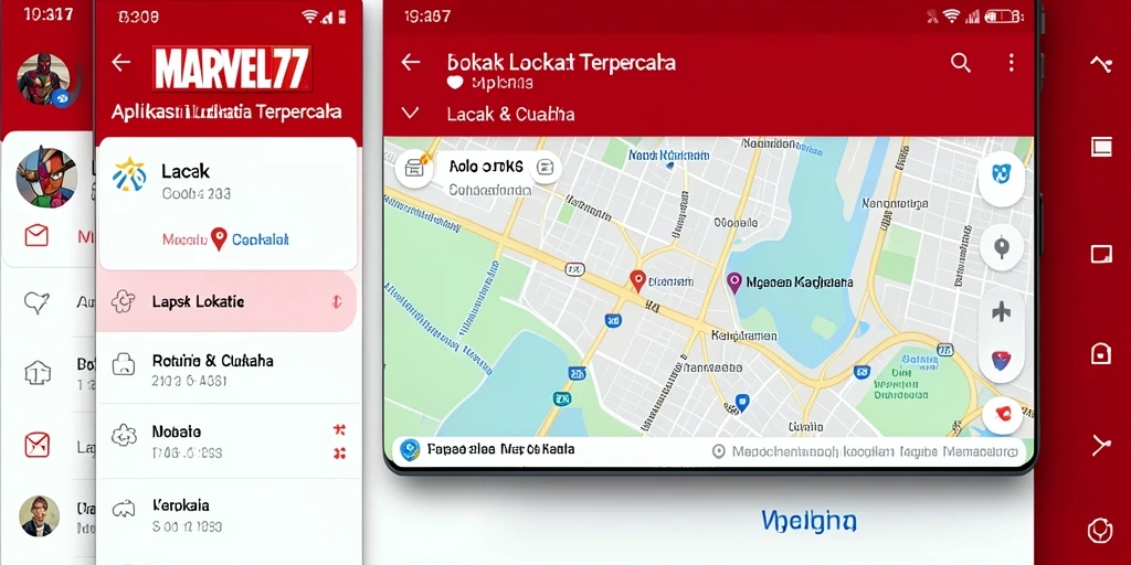 Tampilan antarmuka aplikasi Lacak Lokasi MARVEL77 dengan fitur unggulan.
